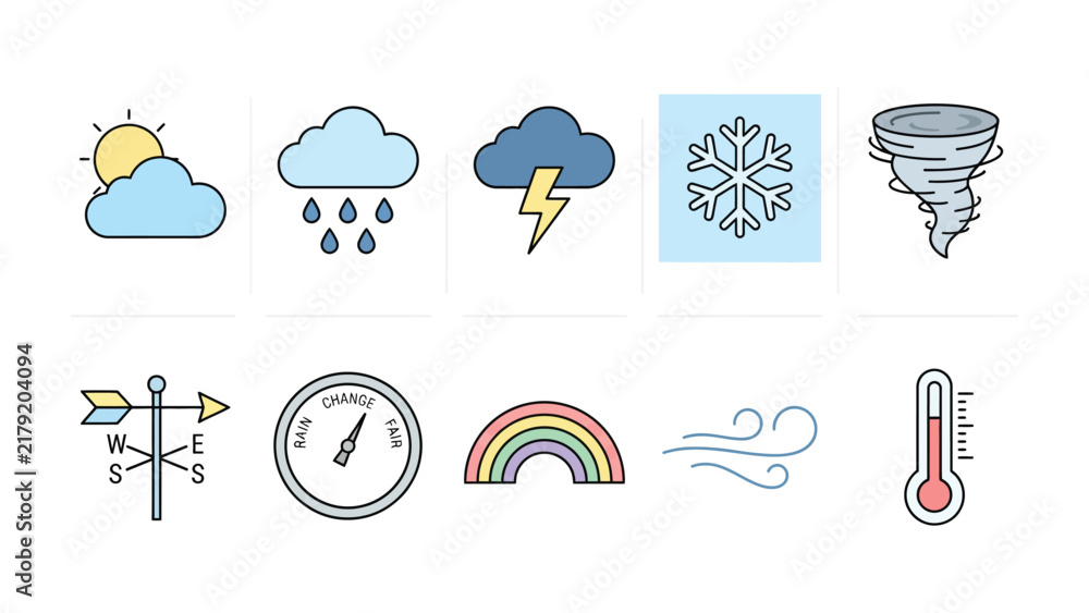Obraz premium Weather Icons: A collection of colorful icons representing various weather phenomena, including sun, rain, storm, snowflake, tornado, wind, rainbow, compass, thermometer, and weather vane.