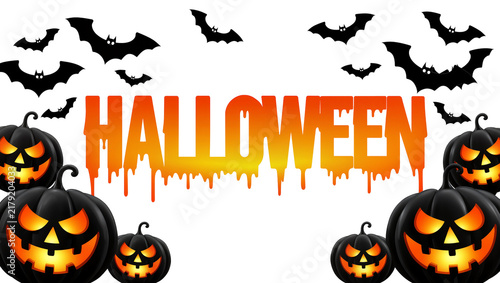 Spooky Halloween word with dripping orange letters and carved pumpkins, isolated on transparent background