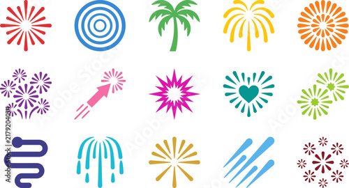 A vibrant collection featuring a colorful fireworks vector illustration icon set perfect for celebrations holidays festivals and various creative design projects