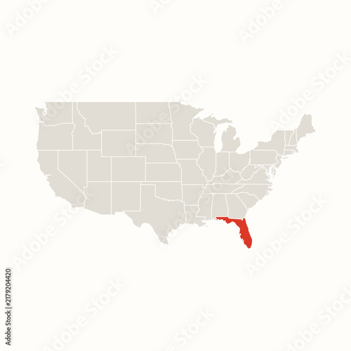 Map of United States of America with Highlighted State of Florida