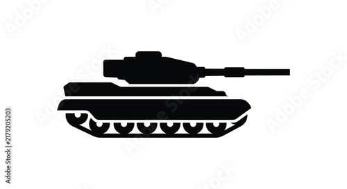 Black silhouette of a military tank on a white background