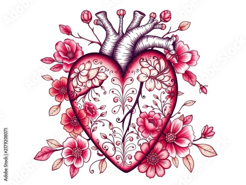 Hand-drawn heart with intricate details and floral patterns, love, present