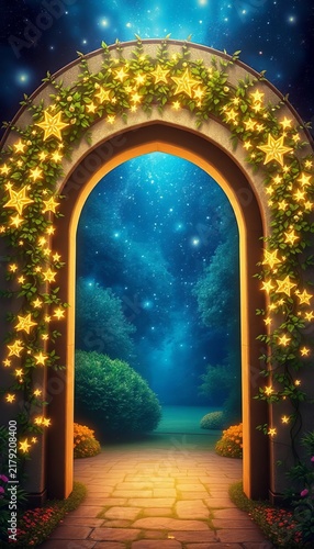 Archway adorned with sparkling stars and vines frames fairy queen, mythical, ||whimsical