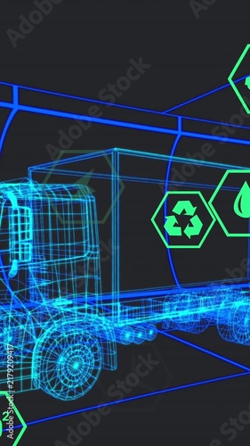 Animation of digital car interface and eco icons over 3d model of car