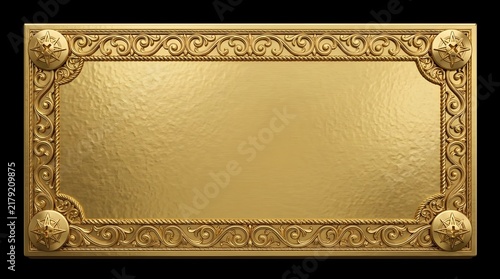 Gold ornate frame with embossed vintage floral patterns and compass corner accents isolated on a clean solid black background surface