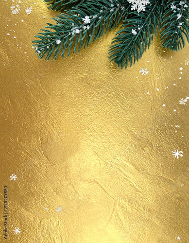 Christmas card with shimmering gold foil background single filigree fir twig and few snowflakes generative AI