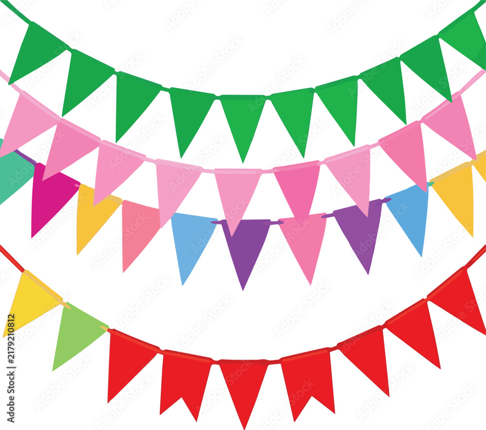 Obraz premium Green, pink and red. Multicolored party garlands with pennants. Vector buntings set on white Background