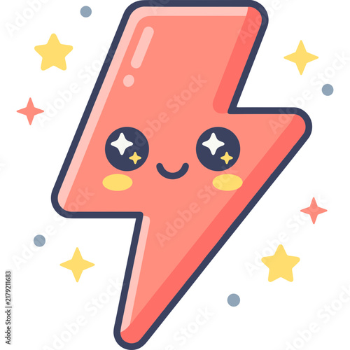 Cute Kawaii Lightning Bolt Illustration with Sparkles and Happy Face
