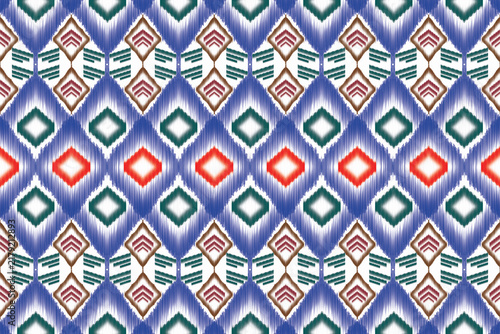 Seamless Blue and Red Ikat Diamond Pattern, Multicolor Ethnic Tribal Ogee Background