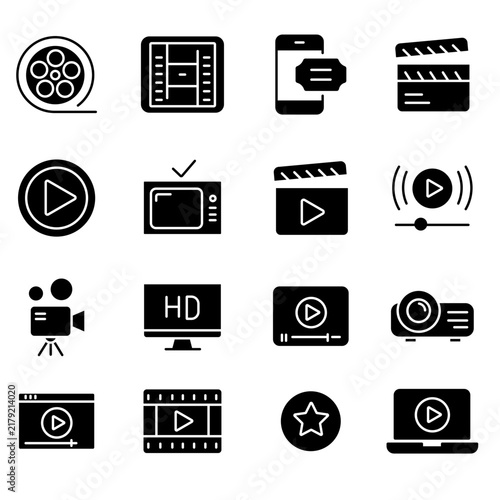Minimalist cinema icon set, 16 black solid movie symbols, professional video production and film industry vector graphics