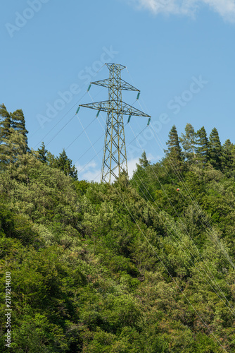 Italy. High-voltage electricity transmission tower and overhead power lines above a forested landscape under a clear blue sky