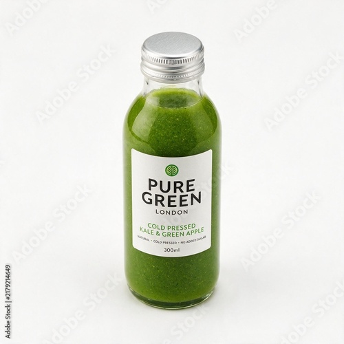 A single glass bottle filled with green vegetable and fruit juice on white background with juice stands centered filled cold fresh pressed elixir 