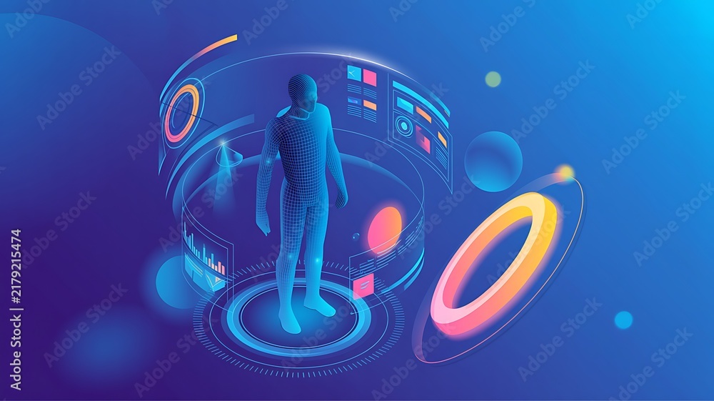 Fototapeta premium Digital Human Interface with Futuristic Data Analytics and Technology Dashboard