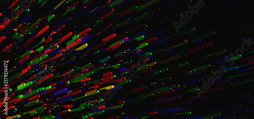 Abstract digital glitch background with vibrant colorful light streaks and geometric shapes on dark surface