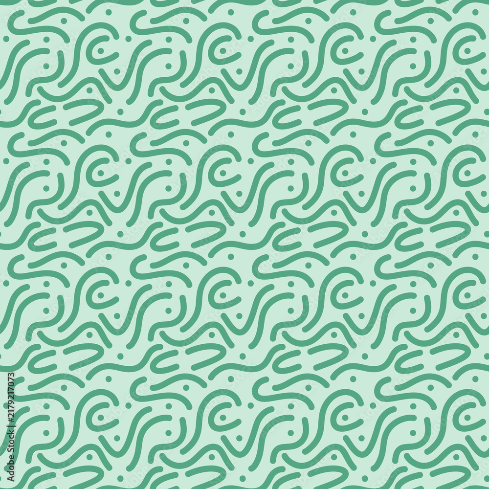 Seamless abstract green pattern paper with green wavy doodle lines and dots