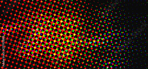 Retro halftone dot pattern background with vibrant red, green, and yellow pop art elements on black