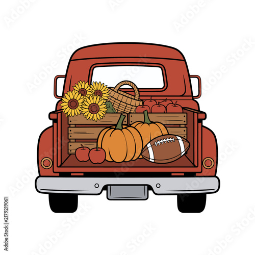 Vintage Pickup Truck with Autumn Harvest Pumpkins Illustration