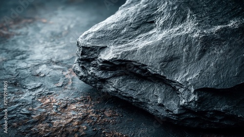 A close-up of dark grey slate rock with textured layers and natural striations under moody lighting.