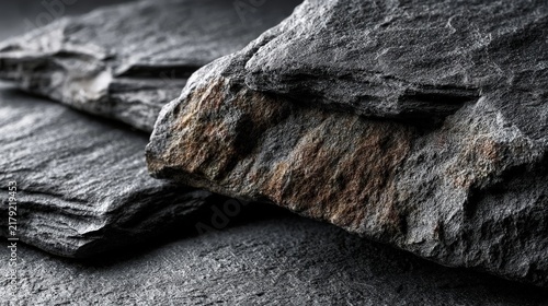 A close-up of dark grey slate rocks with natural texture and subtle earthy tones, showcasing rugged stone surfaces in a minimalist composition.