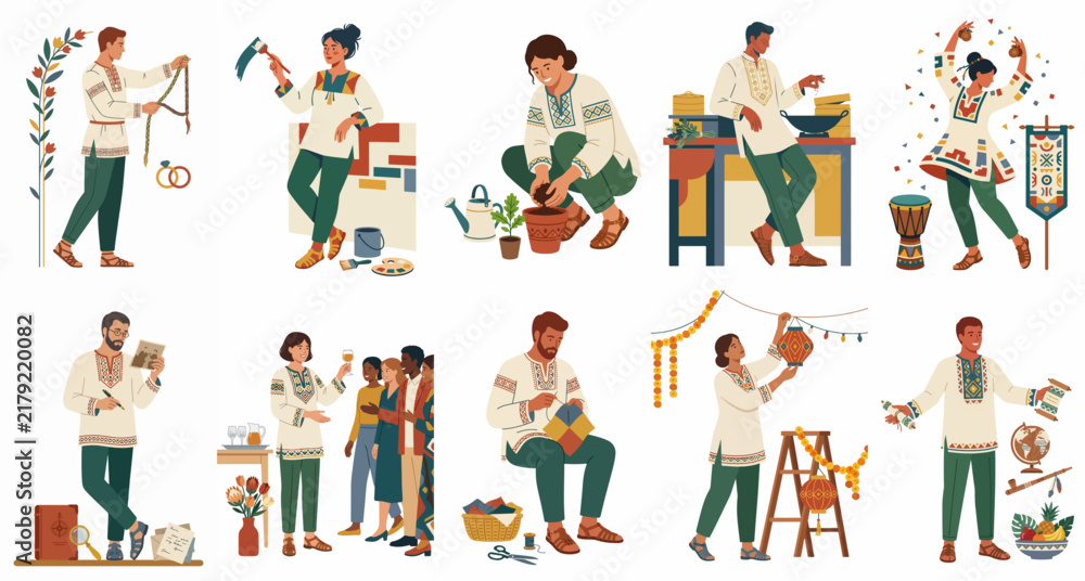 Fototapeta premium Collection of diverse people in traditional embroidered shirts performing various folk crafts, cultural activities, and everyday tasks in a flat illustration style.
