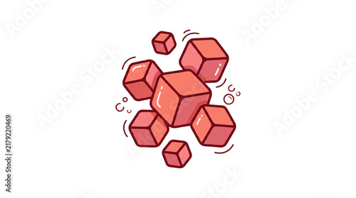 Abstract cluster of coral cubes floating in space with small bubbles.