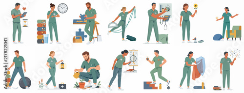 Set of healthcare workers in green scrubs engaged in different activities, from medical tasks to personal hobbies, in a flat vector illustration style.