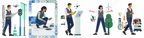 Vector flat illustrations of professionals interacting with smart city technologies, including autonomous drones, renewable energy, and intelligent urban infrastructure.