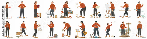 Collection of flat design character illustrations depicting various people engaged in different hobbies and leisure activities like painting, gardening, music, and hiking.