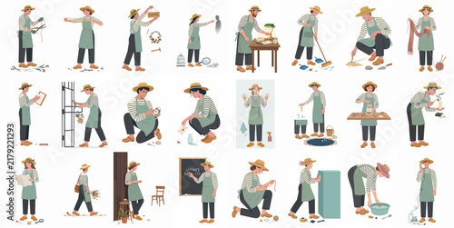 A comprehensive set of flat vector illustrations showing a character in different professional and hobby-related activities, wearing a straw hat and green apron.