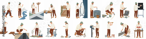 Comprehensive collection of flat vector illustrations depicting a male character engaged in a wide variety of daily tasks, hobbies, and household chores.