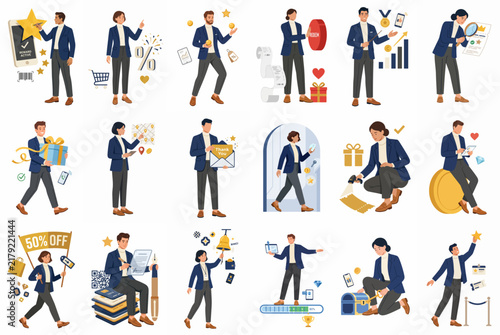 Collection of diverse business characters illustrating marketing, sales, customer service, and success concepts for professional and e-commerce projects.