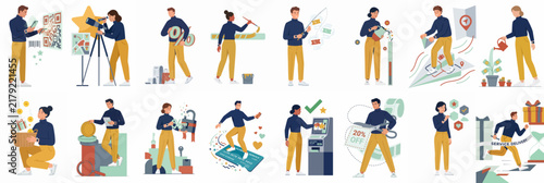 Vector illustration set of people engaged in modern activities including scanning QR codes, online shopping, banking, filming, and retail experiences on white background.