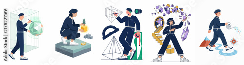 Collection of flat vector illustrations representing creative design, engineering, planning, and growth processes through stylized human characters.