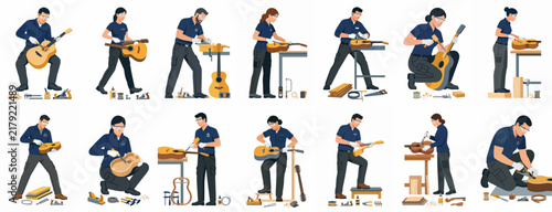 Set of diverse luthier craftsmen and craftswomen characters building and repairing acoustic guitars with various woodworking tools on a white background.