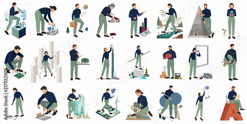 Set of business and creative concept illustrations featuring people engaged in diverse activities such as growth, strategy, technology, and global connectivity.