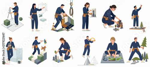 Set of diverse architects, engineers, and construction workers in blue overalls performing various tasks related to urban planning, building design, and environmental projects.