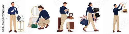 A collection of flat illustrations featuring stylish people shopping for luxury goods, jewelry, and accessories in a high-end retail environment.