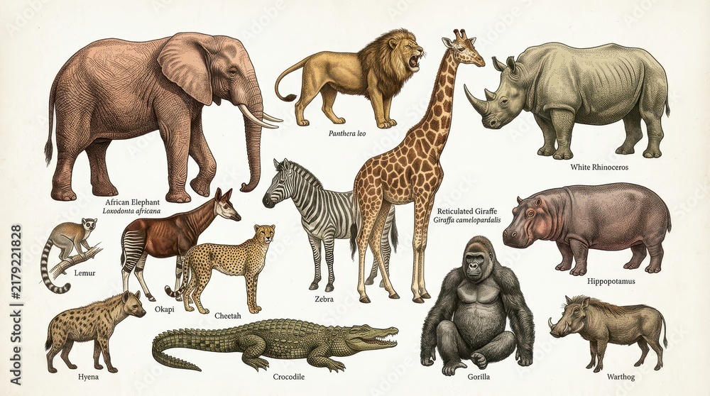 Obraz premium Vintage Scientific Illustration of African Wildlife Animals Collection Including Elephant Lion Giraffe and Rhino