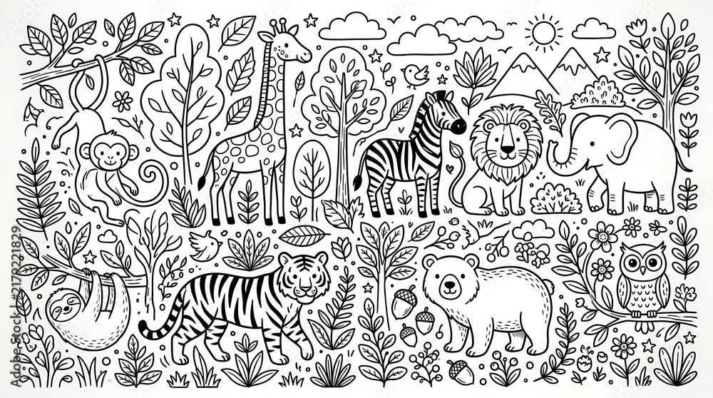 Fototapeta premium Cute Wild Animals Jungle Coloring Page Illustration with Lion, Tiger, Elephant, Giraffe, and Monkey in Nature