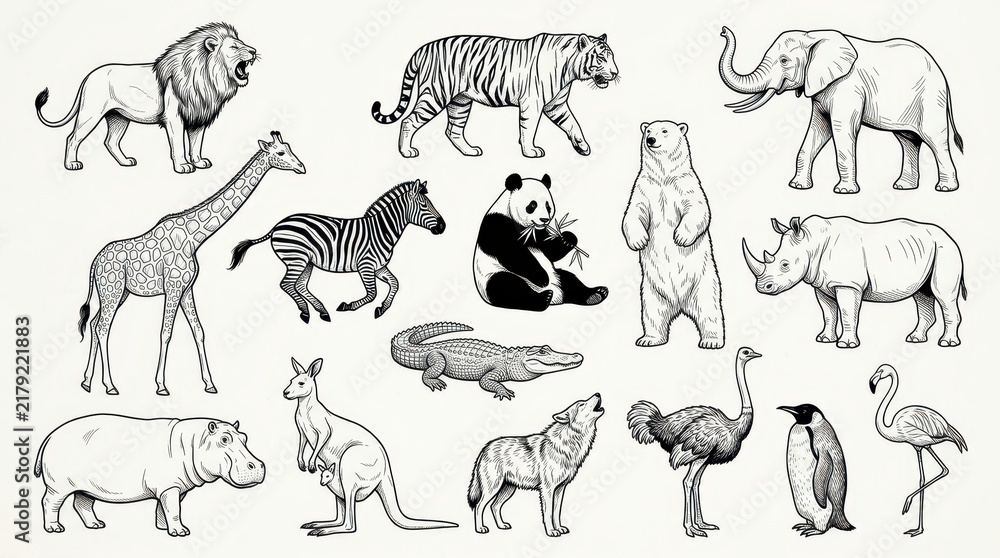 Fototapeta premium Hand-Drawn Wild Animal Collection Featuring Lion Tiger Elephant Giraffe Panda and More in Engraving Style Sketches