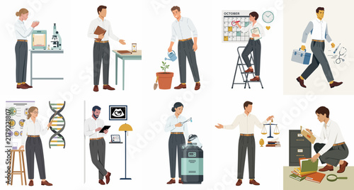Set of flat vector illustrations representing diverse professions and scientific careers like biology, medicine, law, engineering, and botanical research.
