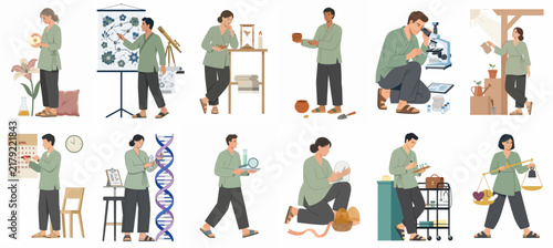 Diverse researchers and scientists conducting experiments in botany, archaeology, and laboratory settings, presented in a set of minimalist flat vector illustrations.