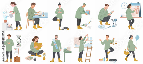 Set of flat illustrations depicting various lifestyle activities, including science, wellness, organization, and work-life balance on a white background.
