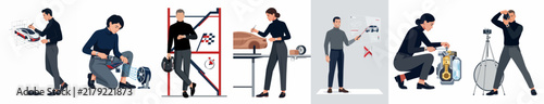 Collection of illustrations depicting professionals in automotive design, engineering, prototyping, and racing industries working on car models and components.
