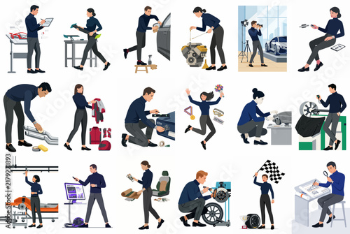 Diverse Collection of Automotive Industry Professionals Illustrations Featuring Mechanics, Engineers, Salespeople, and Detailers at Work in a Garage and Showroom Setting.
