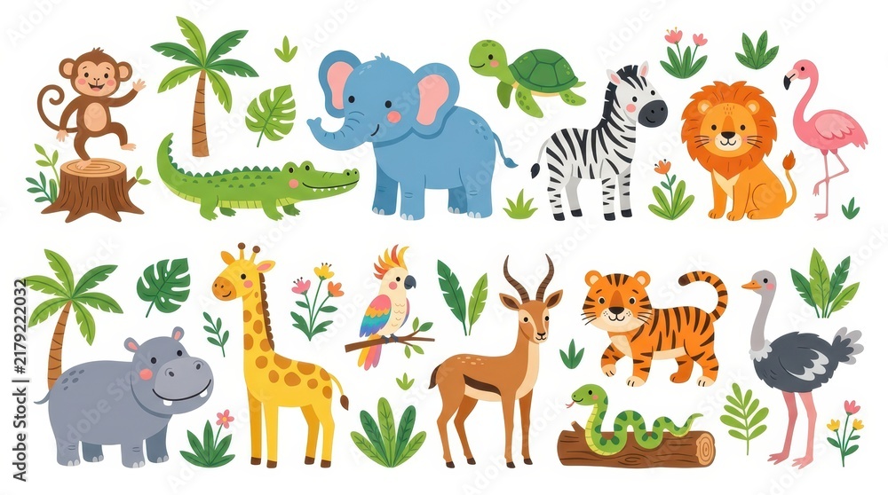 Fototapeta premium Cute Cartoon Wild Animals Collection with Tropical Plants and Leaves for Kids Education and Nursery Decor
