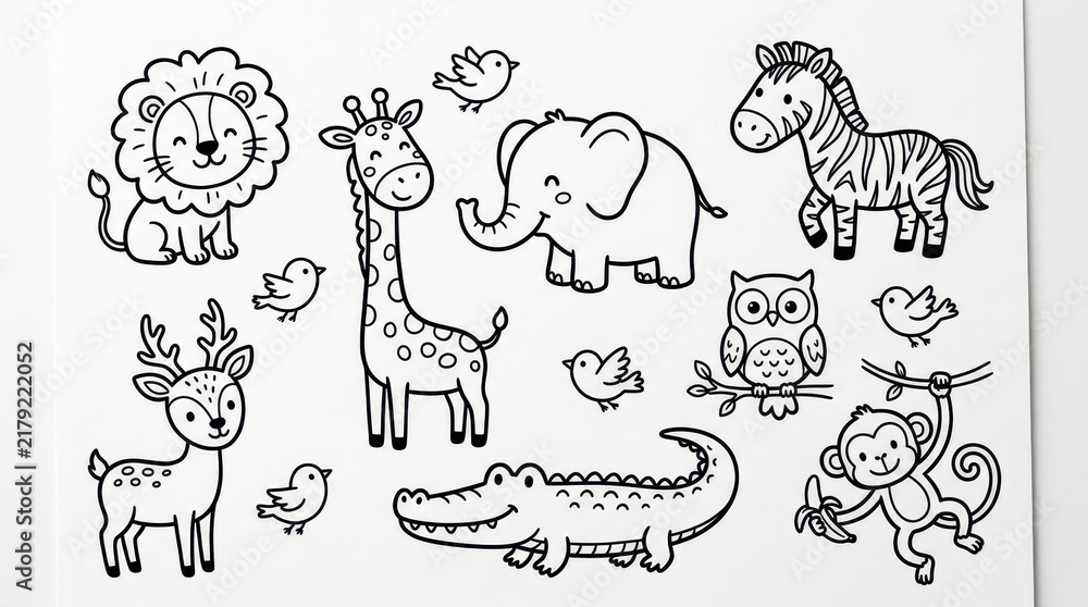 Obraz premium Cute Cartoon Wild Animals Coloring Page Set with Lion, Elephant, Giraffe, Zebra, Monkey, and Crocodile for Kids Education