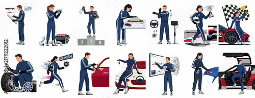 Collection of illustrations featuring male and female racing drivers in diverse motorsport activities, including winning podiums, car maintenance, and race preparation.