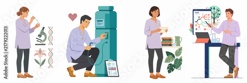 Diverse scientists and researchers performing various tasks in biology, environmental science, and data analysis, illustrated in a modern flat style.