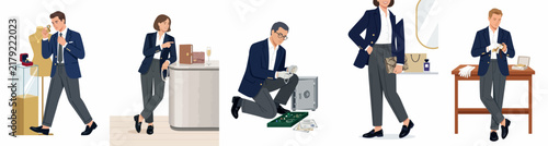 Collection of professional people in formal suits working in luxury retail, jewelry appraisal, and personal shopping services flat vector illustration.